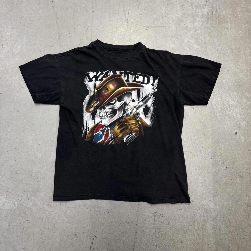 Vintage 90s Gunslinger Wanted Skeleton T-Shirt Medium Black